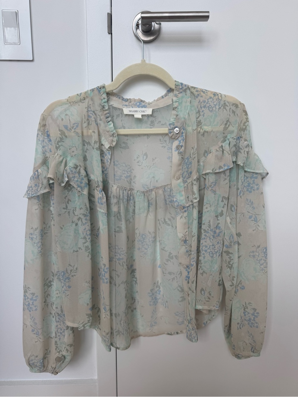 Shabby Chic Lightweight Floral Ruffle Blouse in Mint and Pale Blue